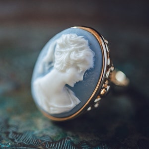 Vintage Light Blue Cameo 18k Yellow Gold Electroplated Cocktail Ring Handcrafted R1690 image 1