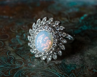Vintage Jelly Opal Cocktail Ring: 18k White Gold Electroplated, Austrian Crystals