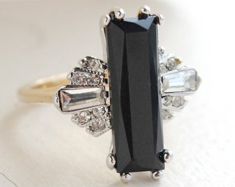 Vintage Ring Jet Black and Clear Swarovski Crystals Antique 18k Gold Womans Jewelry Handmade Ring#R1744 - Limited Stock - Never Worn