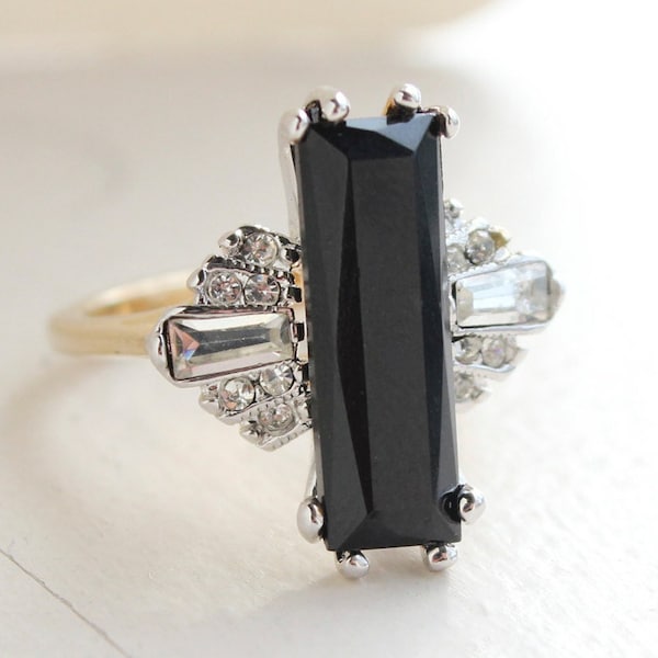 Bague vintage pour femme en cristal autrichien de jais antique, bagues plaquées or 18 carats, bijoux faits main aux États-Unis, baguettes coupées rectangle