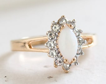 Vintage Opal Engagement Ring: 18k Gold Electroplated Swarovski Crystals, October Birthstone