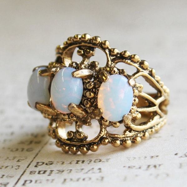 A Vintage Ring Three Pinfire Opals Antique 18kt Gold Filigree Style Ring Womans Jewlery Size #R215 - Limited Stock - Never Worn