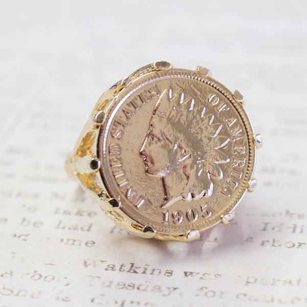 Vintage Ring for Man or Woman Indian Head Penny Ring Antique 18k Gold Edwardian Style Handcrafted Coin Jewelry #R137