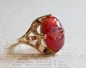 Vintage 1970s Scarab Beetle Genuine Carnelian Stone 18k Yellow Gold Electroplated Ring Made in USA R419
