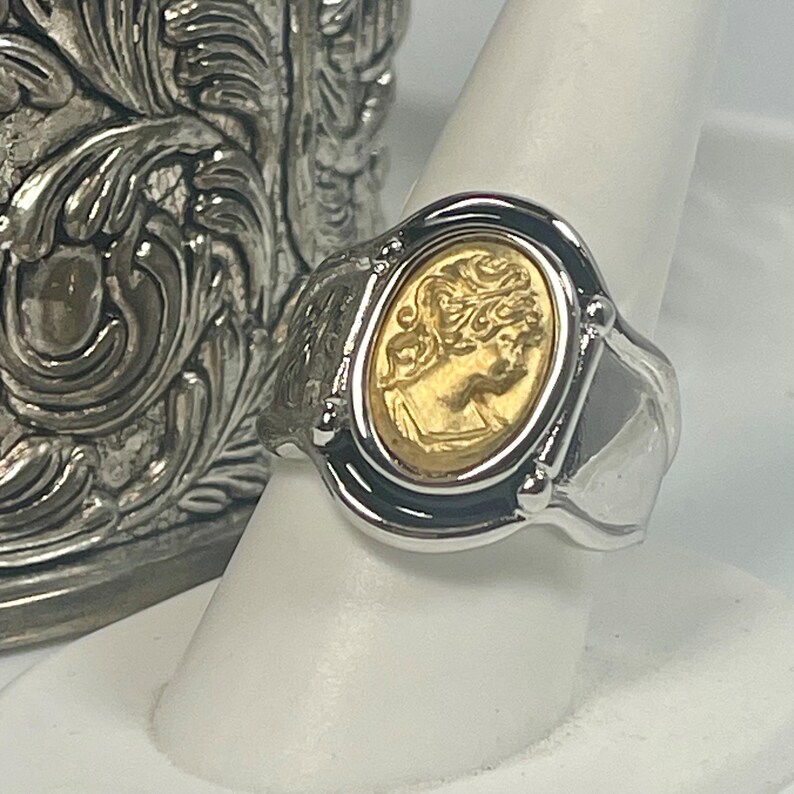 Vintage Womens White and Yellow Gold Cameo 18k Gold Electroplated Ring