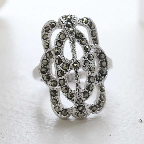 Vintage Ring Genuine Marcasite Cocktail Ring 18k White Gold Silver