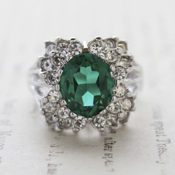 Vintage Ring Emerald and Clear Swarovski Crystal … - image 3
