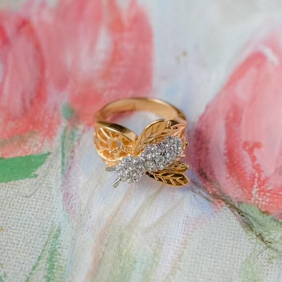 Bague vintage bague abeille cristaux Swarovski transparents or 18 carats insecte bijoux pour femme fait main R681 bagues anciennes stock limite jamais portee Etsy France