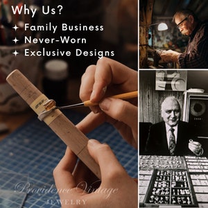 May include: A close-up of a hand using a small brush to apply gold paint to a silver ring. The ring is on a wooden dowel with markings. The background is a blue grid pattern. The text "Providence Vintage Jewelry" is at the bottom of the image.
