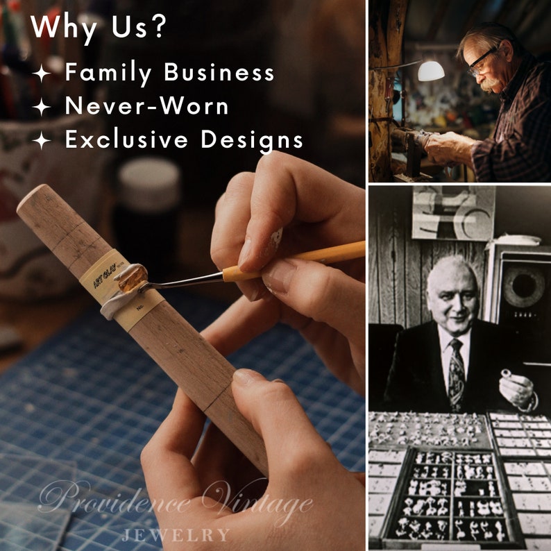 May include: A close-up of a hand using a small brush to apply gold paint to a silver ring. The ring is on a wooden dowel with markings. The background is a blue grid pattern. The text "Providence Vintage Jewelry" is at the bottom of the image.