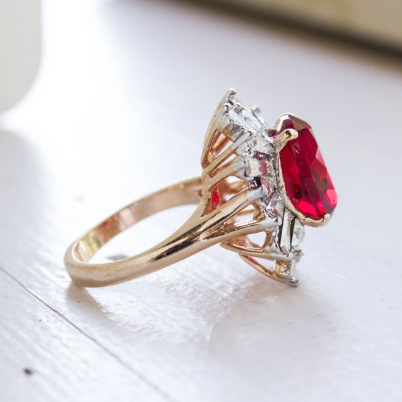 Vintage Ring Cocktail Ruby and Baguette Crystals … - image 2