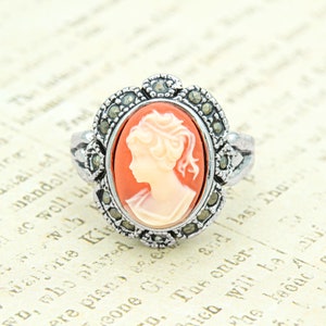Vintage Cameo Ring: 18k Gold Plated Marcasite, 1970s Handmade Jewelry
