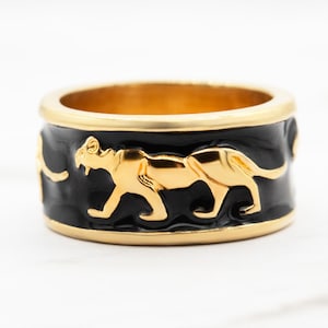 Anillo vintage de los años 70 con esmalte negro, motivo de tigre, pantera y león, chapado en oro de 18 k para mujeres o hombres, anillos únicos con capas llamativas