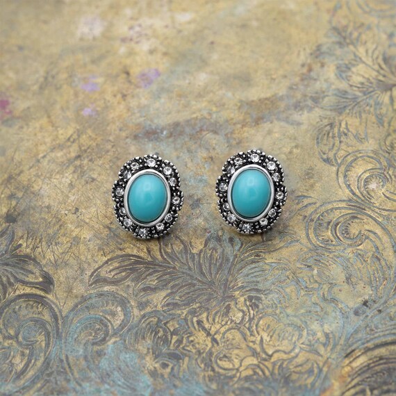 Vintage Turquoise Clear Austrian Crystal Post Ear… - image 4