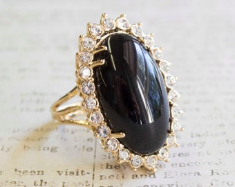 Vintage Onyx Crystal Cocktail Ring with Clear Swarovski Crystals Antique Womans Jewlery #R1908 - Limited Stock - Never Worn