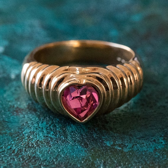 Vintage Pink Swarovski Crystal Heart Ring 18k Yel… - image 1