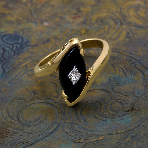 A Vintage Ring Imitation Onyx Ring with Austrian Crystal Antique 18kt Gold Jewelry Womans Handmade Rings #R961 - Limited Stock - Never Worn