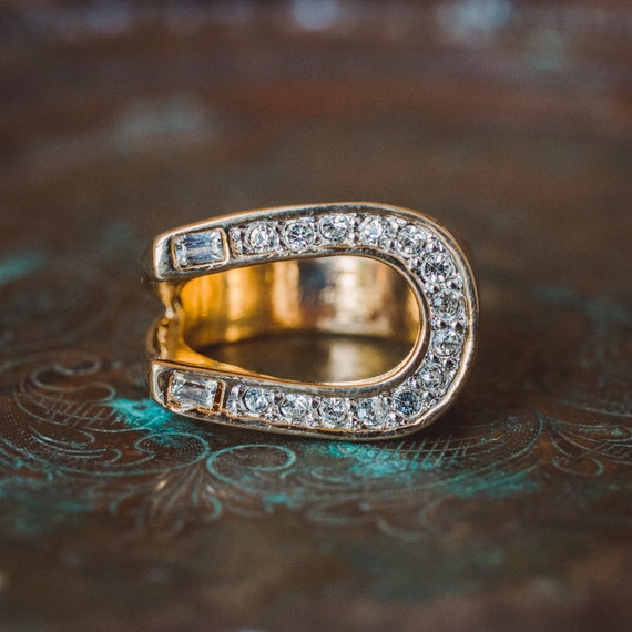 U Shape Green and White Stone Finger Ring - South India Jewels