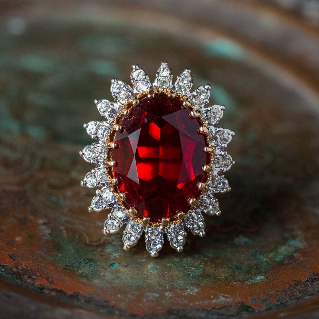 Providence Vintage Jewelry Ruby Austrian Crystal And Clear Austrian Crystal 18k Gold Plated Cocktail Ring