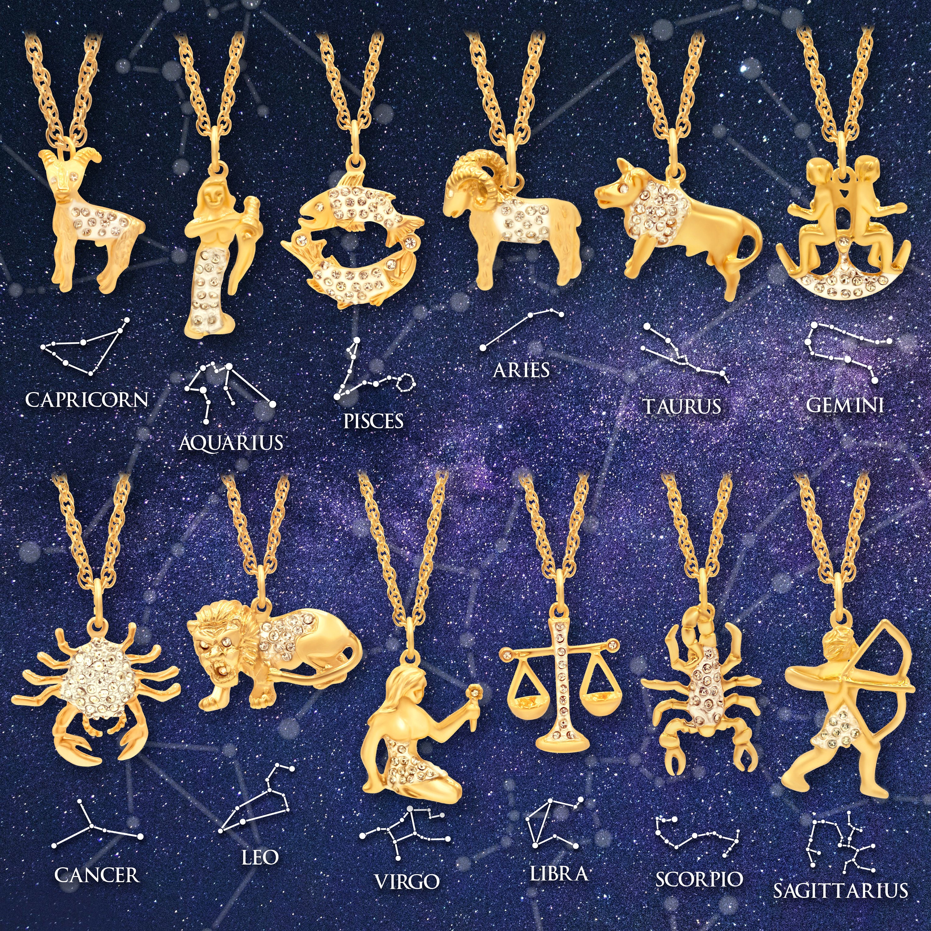 Zodiac Vintage Astrology Zodiac Tarot Gold Necklace, Crystal
