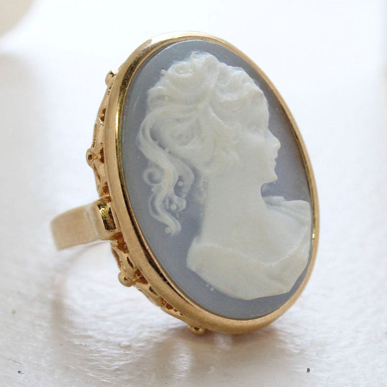 Vintage Light Blue Cameo 18k Yellow Gold Electroplated Cocktail Ring Handcrafted R1690 image 2