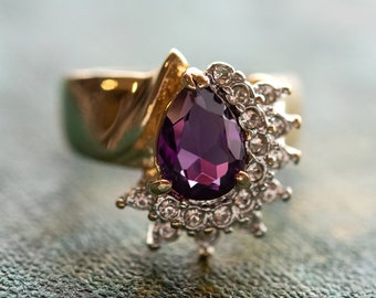 Vintage Amethyst Cubic Zirconia Ring: 18kt Gold Electroplated