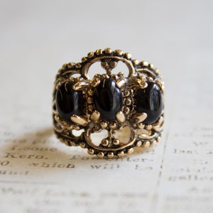 Vintage Onyx Filigree Ring: 18k Gold Plated Edwardian Style