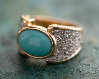 Vintage Ring Turquoise Glass Bead Clear Austrian Crystals Cocktail Ring 18k Gold Antique Jewlery Womans R1934 - Limited Stock - Never Worn