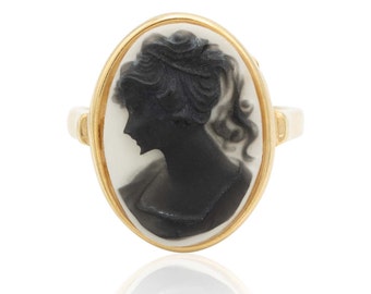 Vintage Cameo Ring: Black Silhouette, 18k Gold Electroplated, Art Deco