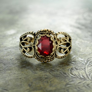 Vintage Ring Ruby Crystal Filigree Ring Antique 18k Gold Womans Ruby Jewelry R142 - Limited Stock - Never Worn