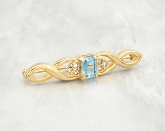 Vintage Brooch Pin Aquamarine, 18kt Gold Electroplated Antique Womans Jewelry P996-AYG