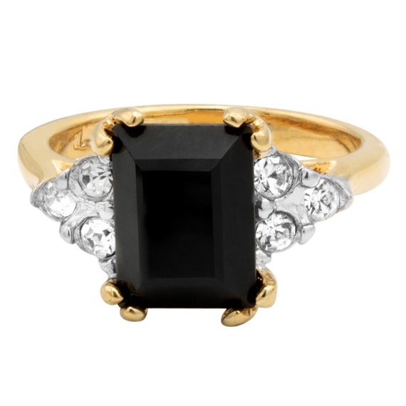 Vintage Ring Black and Clear Crystals Gold Plated… - image 5