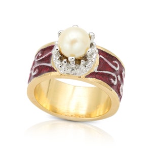 Vintage 1980s Pearl Ring: Red Enamel, 18k Gold Plated, Made in USA