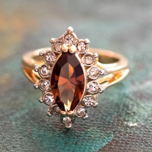 Vintage Ring Smoke Topaz and Clear Swarovski Crystals 18k Gold Plated Antique Womans Jewelry Topaz #R1891 - Limited Stock - Never Worn