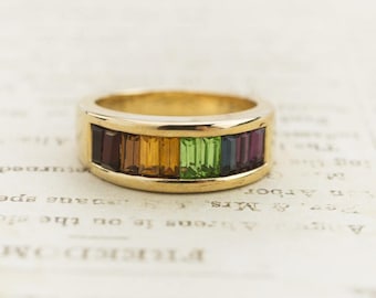 Vintage Rainbow Crystal Ring: 18k Gold Electroplated Band, 1970s Style