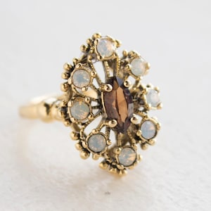 Vintage Smoky Topaz Cocktail Ring: 18k Gold Electroplated Opal Filigree