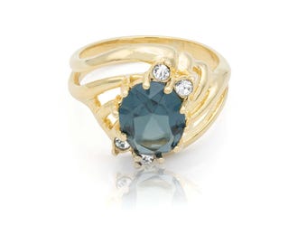 Bague vintage en or 18 carats et saphirs avec cristaux Swarovski