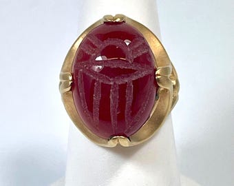 Anillo vintage de los años 70 con escarabajo, piedra de cornalina auténtica, chapado en oro amarillo cepillado, fabricado en EE. UU. #R419