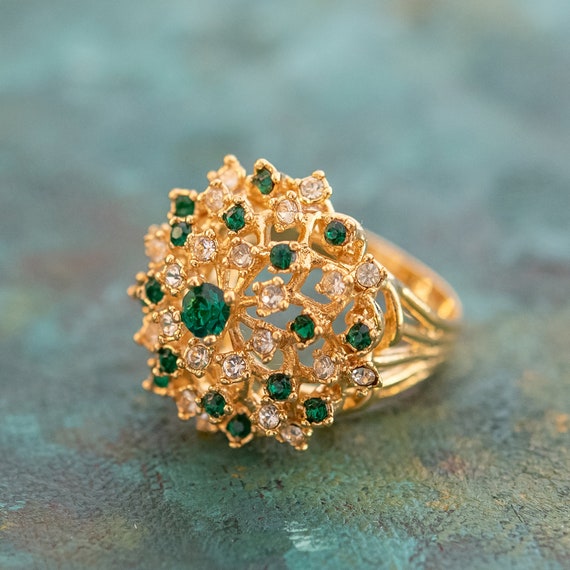 Vintage Ring Emerald and Clear Swarovski Crystal … - image 1