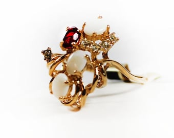 Vintage Ring Genuine Opals Cluster with Ruby and Clear Swarovski Crystals Ring 18k Gold Womans Jewlery #R314 - Limited Stock - Never Worn