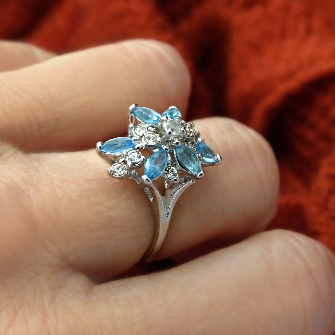 Vintage Ring Aquamarine and Clear Austrian Crystals 18k White Gold Unique Cluster Antique Womans R1863 AQW Limited Stock Never Worn Etsy