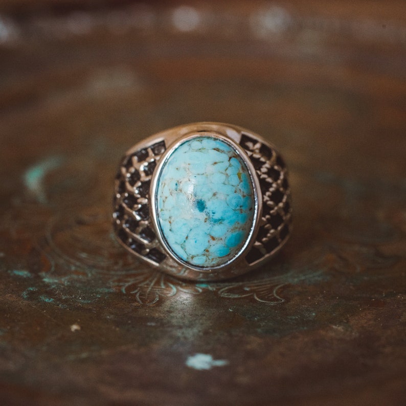 Vintage 1980s Mens Ring Turquoise Bead Antiqued 18k White Gold Etsy