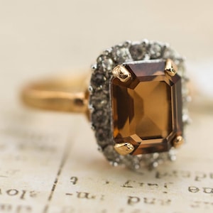 Vintage 18k Gold Plated Topaz Ring: Swarovski Crystal Halo, November Birthstone