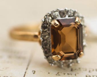 Vintage Ring 18k Yellow Gold Plated Ring with Topaz and Clear Swarovski Crystals November Birthstone #R1059