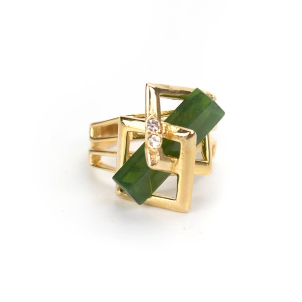 Vintage Ring Retro Glass Jade Clear Crystals 18k Gold Cocktail Ring Antique Womans Jewelry Jade Rings #R368 - Limited Stock - Never Worn