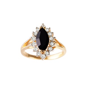 Vintage 18k Gold Plated Ring: Black Swarovski Crystal Cocktail Ring