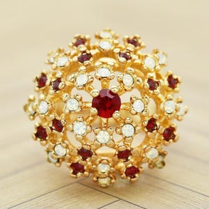 Womens Vintage Ruby Statement Cocktail Crystal Ring 18k Gold Electroplated Ruby and Pinfire Opal July and October Birthstone Ring Handmade