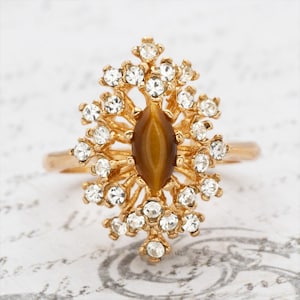 Vintage Tiger Eye Cocktail Ring: Swarovski Crystals, 18k Gold Plated