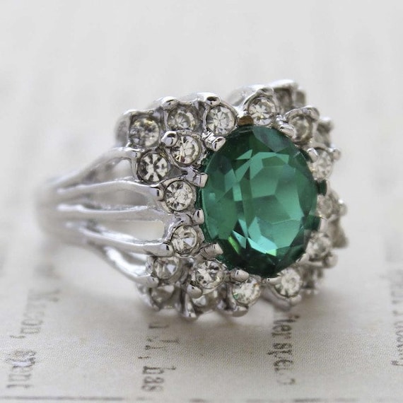 Vintage Ring Emerald and Clear Swarovski Crystal … - image 1