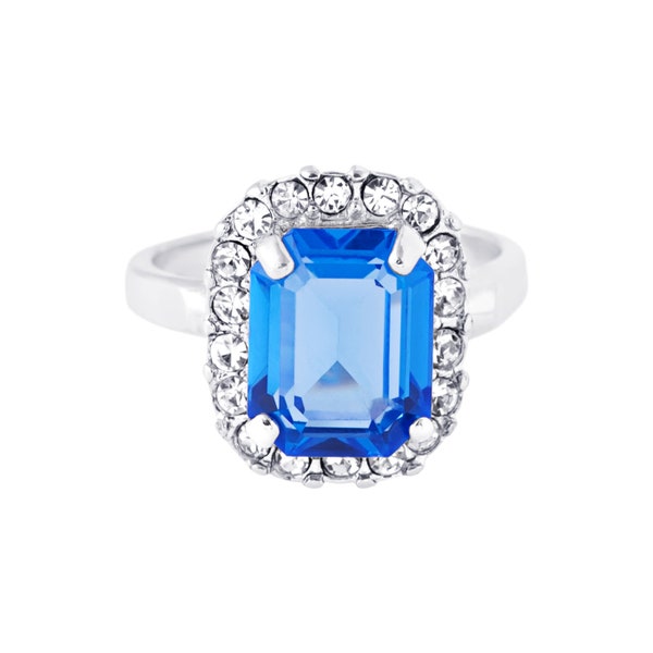 Vintage 18k Yellow Gold Womens Ring Blue Topaz and Clear Austrian Crystals Antique Unique Engagement  Handmade December Girls Birthstone